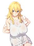  1girl :3 bare_shoulders blonde_hair blue_eyes blush breasts dress hair_between_eyes large_breasts layered_dress long_hair looking_at_viewer mdf_an original short_dress simple_background sitting solo white_background white_dress 