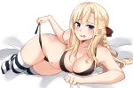  1girl bangs bare_arms bare_shoulders bed_sheet bikini black_bow blonde_hair blue_eyes blush bow braid breasts cleavage commentary_request eyebrows_visible_through_hair full_body hair_between_eyes hair_bow high_school_fleet highres kapatarou large_breasts long_hair looking_at_viewer lying no_shoes on_side open_mouth side-tie_bikini side_braid single_braid solo striped striped_legwear swimsuit thigh-highs untied untied_bikini very_long_hair wilhelmina_braunschweig_ingenohl_friedeburg 
