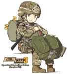  1girl american_flag backpack bag blonde_hair camouflage copyright_name graphite_(medium) green_eyes helmet looking_at_viewer military military_uniform original patch simple_background sitting smile soldier solo tantu_(tc1995) traditional_media uniform us_army white_background 