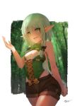  &gt;:) 1girl aduo bangs bare_shoulders belt black_bow bow breasts brown_shorts chest_strap cowboy_shot elf eyebrows_visible_through_hair gloves goblin_slayer! green_eyes green_hair hair_between_eyes hair_bow hand_up high_elf_archer_(goblin_slayer!) highres long_hair looking_at_viewer navel open_mouth pointy_ears shirt short_shorts shorts sidelocks simple_background sleeveless sleeveless_shirt small_breasts smile solo standing v-shaped_eyebrows 