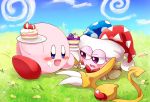 1boy blue_eyes blue_sky blush blush_stickers bow bowtie cake claws clouds commentary_request fang feeding field food food_on_face fork grass hal_laboratory_inc. half-closed_eyes hallons_kabo hat heart hoshi_no_kirby hoshi_no_kirby_super_deluxe icing jester_cap kirby kirby:_star_allies kirby_(series) kirby_super_star marx nintendo no_humans open_mouth petals plate red_bow red_neckwear sitting sky smile sweatdrop violet_eyes wings yellow_wings 