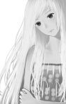  1girl bare_shoulders black_eyes close-up dress expressionless eyebrows_visible_through_hair eyelashes grey_dress grey_hair greyscale hand_on_own_arm head_tilt long_hair looking_down monochrome multicolored_hair original polka_dot sakimori_(hououbds) shadow simple_background sleeveless solo two-tone_hair upper_body very_long_hair white_background white_hair 