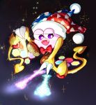  1boy bow bowtie claws commentary_request dark_background fangs flying glowing gradient gradient_background hallons_kabo hat heart hexagon highres jester_cap kirby_(series) magic marx nintendo no_humans open_mouth red_bow red_neckwear scales smile solo sparkle violet_eyes wings yellow_wings 