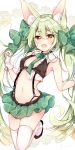  1girl animal_ear_fluff animal_ears art556_(girls_frontline) bangs bare_shoulders black_footwear blush bow breasts brown_eyes collared_shirt commentary_request crop_top eyebrows_visible_through_hair fang fukunoki_tokuwa girls_frontline gloves green_bow green_hair green_neckwear green_skirt hair_between_eyes hair_bow hand_up highres long_hair looking_at_viewer navel open_mouth pleated_skirt shirt shoes skirt small_breasts solo thigh-highs twintails twitter_username very_long_hair white_background white_gloves white_legwear white_shirt 