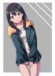  1girl :o black_hair blue_eyes blush commentary_request grey_background jacket long_sleeves looking_at_viewer muraiaria short_hair signature solo ssss.gridman takarada_rikka 