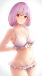  1girl absurdres arms_behind_back bangs bare_shoulders bikini blush breasts cleavage collarbone curvy eyebrows_visible_through_hair fou_zi frilled_bikini frills highres huge_breasts large_breasts looking_at_viewer navel orange_eyes pink_hair shinjou_akane short_hair simple_background smile ssss.gridman swimsuit white_background white_bikini 