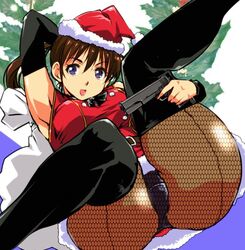  1girl arm_up armpits bangs belt black_legwear black_neckwear brown_hair christmas_tree commentary_request crotch_seam double-breasted eyebrows_visible_through_hair fishnet_pantyhose fishnets gun handgun hat high_ponytail kneepits legs_up looking_at_viewer lying open_mouth original panties pantyhose pistol ponytail purple_panties red_skirt red_vest sack santa_costume santa_hat skirt thigh-highs underwear vest violet_eyes weapon yuya 