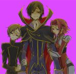  1girl 2boys arm_hug ashford_academy_uniform black_hair blue_eyes brown_hair cape code_geass graphite_(medium) half-closed_eyes headband hug inuneko_(dcwn) kallen_stadtfeld lelouch_lamperouge multiple_boys pilot_suit redhead rolo_lamperouge school_uniform short_hair traditional_media violet_eyes 