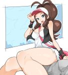  1girl bag bare_legs baseball_cap black_vest blue_eyes breasts brown_hair commentary creatures_(company) curly_hair cutoffs denim denim_shorts exposed_pocket from_below game_freak hat high_ponytail large_breasts long_hair nac000 nintendo open_mouth pokemon pokemon_(game) pokemon_bw ponytail shirt short_shorts shorts shoulder_bag sidelocks sitting sleeveless sleeveless_shirt smile solo thighs touko_(pokemon) vest white_shirt wristband 