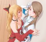  2girls bare_shoulders black_bow blonde_hair blush bow breasts brown_hair choker cleavage from_above gloves granblue_fantasy grin hair_bow katalina_aryze long_hair looking_at_another looking_away medium_breasts miso-ha_(ukyuu) multiple_girls open_mouth ponytail red_bow red_eyes smile sweatdrop vira_lilie wall_slam white_gloves wooden_floor yuri 