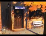  autumn autumn_leaves awning bench door lamp letterboxed mizuasagi no_humans original outdoors scenery sunset tree window windowsill 