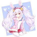  1girl :o absurdres animal_ears azur_lane blue_background breasts eyebrows_visible_through_hair fake_animal_ears fur-trimmed_jacket fur_trim hair_between_eyes hairband highres jacket laffey_(azur_lane) long_hair long_sleeves looking_at_viewer open_clothes open_jacket pink_jacket poinia rabbit_ears red_eyes red_hairband red_skirt silver_hair sitting skirt small_breasts thigh-highs twintails two-tone_background very_long_hair wariza white_background white_camisole white_legwear 