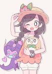  1girl black_hair braid creatures_(company) flower game_freak gen_7_pokemon hand_on_headwear hat hat_flower long_hair mizuki_(pokemon) nintendo one_eye_closed open_mouth poipole pokemon pokemon_(creature) pokemon_(game) pokemon_usum remoooon rowlet shorts simple_background sun_hat tank_top twin_braids ultra_beast white_background z-ring 