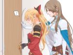  ! 2girls black_bow black_gloves blonde_hair blush bow brown_hair commentary_request door doorknob from_side gloves granblue_fantasy hair_bow katalina_aryze long_hair looking_at_another looking_down miso-ha_(ukyuu) multiple_girls open_mouth ponytail profile red_bow red_eyes spoken_exclamation_mark sweat upper_body vira_lilie white_gloves yuri 