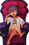  &gt;:d 1girl arm_support armchair barefoot black_hair chair dark_skin full_body gem highres jahy jahy_sama_wa_kujikenai jewelry konbu_wakame legs_crossed long_hair naked_shirt necklace off_shoulder oversized_clothes red_eyes shirt short_sleeves simple_background sitting very_long_hair white_background white_shirt 