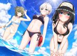  3girls anastasia_(idolmaster) aqua_eyes ass_visible_through_thighs ball bare_arms bare_shoulders beachball bending_forward bikini black_bikini blue_bikini blue_eyes blue_sky blush breasts choker cleavage collarbone commentary_request front-tie_top go-1 green_eyes green_hair hairband heterochromia highres idolmaster idolmaster_cinderella_girls idolmaster_cinderella_girls_starlight_stage large_breasts light_particles lips long_hair looking_at_viewer looking_to_the_side medium_breasts midriff mole mole_under_eye multiple_girls outdoors parted_lips pouty_lips sagisawa_fumika short_hair silver_hair sky standing stomach sun sunlight swimsuit takagaki_kaede thighs wading white_choker 