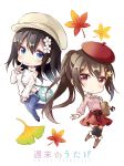  2girls autumn_leaves bag bag_charm bangs beret between_breasts black_footwear black_legwear black_ribbon blue_pants blush boots breasts brown_footwear brown_hair cabbie_hat charm_(object) chibi closed_mouth collared_shirt commentary_request denim eyebrows_visible_through_hair flower hair_between_eyes hair_flower hair_ornament hairclip hat highres index_finger_raised jeans knee_boots leaf long_hair long_sleeves looking_at_viewer maple_leaf medium_breasts multiple_girls original pants pink_shirt ponytail red_eyes red_hat red_skirt ribbon shiro_kuma_shake shirt shoulder_bag shoulder_cutout simple_background skirt sleeves_past_wrists small_breasts smile star star_hair_ornament strap_cleavage sweater thigh-highs thighhighs_under_boots turtleneck turtleneck_sweater very_long_hair white_background white_flower white_hat white_sweater 