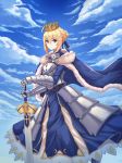 1girl absurdres ahoge armor armored_dress artoria_pendragon_(all) blonde_hair blue_cape blue_dress blue_ribbon blue_sky braided_bun cape clouds crown dress excalibur eyebrows_visible_through_hair fate/stay_night fate_(series) faulds fur-trimmed_cape fur_trim gauntlets green_eyes hair_between_eyes hair_ribbon hand_on_hilt highres holding holding_sword holding_weapon lebring long_dress looking_at_viewer outdoors ribbon saber sky solo standing sword tied_hair weapon 