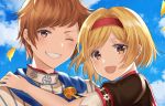  1boy 1girl :d bangs blonde_hair blue_sky brown_eyes clouds couple day djeeta_(granblue_fantasy) gran_(granblue_fantasy) granblue_fantasy grin hairband hand_on_another&#039;s_shoulder looking_at_viewer myusha one_eye_closed open_mouth outdoors parted_bangs petals portrait red_hairband shiny shiny_hair short_hair short_sleeves sky smile 