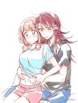  2girls ahoge bang_dream! bangs black_shirt blue_eyes blue_shirt blush denim green_eyes jeans long_hair low_twintails medium_hair multiple_girls navel pants pink_hair pink_shorts re_ghotion redhead shirt short_sleeves shorts simple_background stomach sweatdrop twintails udagawa_tomoe uehara_himari undressing_another white_background yuri 