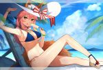  1girl :p animal_ears beach bikini blue_bikini_top blue_sky bow bracelet breasts brown_eyes cleavage clouds day fate/extra fate_(series) food fox_ears fox_tail from_side hair_between_eyes hat hat_bow highres holding holding_food ice_cream jewelry large_breasts lens_flare long_hair looking_at_viewer necklace orange_ribbon outdoors palm_tree pink_hair ribbon shibainu side-tie_bikini sideboob sitting sky solo striped striped_bow sun_hat swimsuit tail tamamo_(fate)_(all) tamamo_no_mae_(fate) tongue tongue_out tree under_boob white_hat 