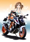  1girl absurdres bangs bare_shoulders biker_clothes bikesuit blue_background blush bodysuit boots breasts brown_eyes brown_hair cleavage flick_(sal23) gradient gradient_background ground_vehicle highres idolmaster idolmaster_cinderella_girls large_breasts looking_at_viewer motor_vehicle motorcycle open_bodysuit open_mouth orange_background orange_bodysuit polka_dot polka_dot_background scrunchie sidelocks smile solo sparkle striped_bikini_top totoki_airi twintails two-tone_background 