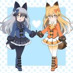  2girls :d adapted_costume animal_ears black_gloves black_legwear black_neckwear blonde_hair blue_bow blue_coat boots bow bow_footwear commentary extra_ears eyebrows_visible_through_hair eyes_visible_through_hair ezo_red_fox_(kemono_friends) fang fox_ears fox_tail frilled_skirt frills full_body fur-trimmed_sleeves fur_trim gloves gradient_hair grey_hair hair_between_eyes hair_bow hands_together heart kemono_friends knee_boots legs_crossed long_hair long_sleeves looking_at_viewer multicolored_hair multiple_girls necktie open_mouth orange_bow orange_coat orange_neckwear pantyhose silver_fox_(kemono_friends) simple_background skirt smile tail white_neckwear yellow_eyes yellow_legwear yukiko_haotome 