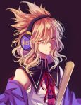  1girl blonde_hair earmuffs hair_between_eyes highres looking_at_viewer neck_ribbon nga_(artist) pointy_hair purple_background ribbon ritual_baton sailor_collar sarashi simple_background sleeveless solo touhou toyosatomimi_no_miko upper_body yellow_eyes 