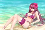  1girl anklet ass bare_shoulders bikini bracelet breasts cleavage fate/grand_order fate_(series) flower hair_flower hair_ornament highres jewelry large_breasts long_hair looking_at_viewer mitsugu navel ocean outdoors partially_submerged purple_bikini purple_hair red_eyes scathach_(fate)_(all) scathach_(fate/grand_order) scathach_(swimsuit_assassin)_(fate) sitting smile solo swimsuit under_boob very_long_hair 