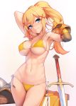  1girl abs absurdres armpits arms_up ataruman bikini blonde_hair blue_eyes braid breasts closed_mouth crown_braid darkness_(konosuba) elbow_gloves gloves gradient gradient_background hair_ornament head_tilt highres kono_subarashii_sekai_ni_shukufuku_wo! large_breasts long_hair navel ponytail side-tie_bikini sidelocks simple_background single_elbow_glove single_pauldron smile solo strap_gap string_bikini swimsuit sword weapon x_hair_ornament yellow_bikini 