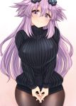  1girl adult_neptune bangs black_sweater blush breast_squeeze breasts closed_mouth d-pad d-pad_hair_ornament dura eyebrows_visible_through_hair hair_between_eyes hair_ornament highres large_breasts long_hair long_sleeves looking_at_viewer neptune_(choujigen_game_neptune) neptune_(series) older purple_hair shin_jigen_game_neptune_vii simple_background smile solo standing sweater turtleneck turtleneck_sweater violet_eyes 