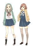  2girls aqua_jacket bandaid bandaid_on_knee bangs black_serafuku blue_eyes blue_sailor_collar blue_shirt blue_skirt brown_eyes brown_hair brown_legwear clenched_teeth commentary_request flower grey_legwear hair_flower hair_ornament hood hooded_jacket jacket kerchief light_brown_hair loafers long_hair looking_at_viewer multiple_girls open_clothes open_jacket original parted_bangs pleated_skirt red_neckwear sailor_collar school_uniform serafuku shirt shoes short_hair simple_background skirt socks standing swept_bangs teeth thigh-highs white_background white_neckwear white_shirt yuu_(higashi_no_penguin) zettai_ryouiki 