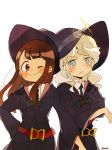 2girls absurdres blue_eyes blush brown_hair commentary_request cowboy_shot diana_cavendish frown hat highres kagari_atsuko light_green_hair little_witch_academia looking_at_viewer luna_nova_school_uniform multiple_girls one_eye_closed red_eyes satuki05maguro simple_background smile white_background wide_sleeves witch witch_hat 