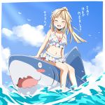  1girl ^_^ animal bang_dream! bangs bikini bikini_skirt blonde_hair blush_stickers breasts cleavage closed_eyes clouds halterneck medium_breasts navel ocean open_mouth outdoors polka_dot polka_dot_bikini ponytail riai_(onsen) riding shark sidelocks sitting smile solo stomach swimsuit translated tsurumaki_kokoro water 