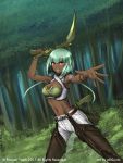  1girl adsouto armlet artist_name bangs belt bracelet breasts cleavage dark_skin day emerald_sustrai eyebrows_visible_through_hair fighting_stance forest green_hair gun highres jewelry looking_at_viewer medium_breasts nature navel outdoors pants red_eyes rwby short_hair_with_long_locks smile solo standing watermark weapon 