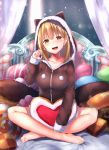  1girl :d absurdres agibe barefoot blonde_hair blush breasts brown_eyes brown_hoodie full_body hand_up highres hood indoors legs_crossed looking_at_viewer medium_breasts medium_hair on_bed open_mouth original pillow sitting smile solo zipper 