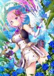  1girl angel_wings black_gloves blue_butterfly blue_flower blue_sky breasts bug butterfly cane elbow_gloves feathered_wings flower glasses gloves hair_ornament halo insect looking_at_viewer matatabi_maru medium_breasts mismatched_gloves monocole original pince-nez pink_hair short_hair skirt sky solo standing violet_eyes white_gloves white_skirt white_wings wings 