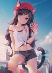  1girl animal_ears ataruman black_hair blue_ribbon blue_sky cat_ears cat_tail cellphone clouds condensation_trail cutoffs day ears_through_headwear eyebrows_visible_through_hair hat head_tilt highres long_hair looking_at_viewer midriff navel original outdoors phone red_eyes ribbon shirt short_shorts shorts sitting sky smile solo strap_slip tail tail_ribbon tank_top tied_shirt 