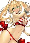  1girl ahoge bangs bead_bracelet beads bikini bracelet breasts cleavage commentary_request criss-cross_halter earrings eyebrows_visible_through_hair fate/grand_order fate_(series) green_eyes hair_between_eyes hair_intakes halterneck jewelry large_breasts midriff navel nero_claudius_(fate)_(all) nero_claudius_(swimsuit_caster)_(fate) red_bikini side-tie_bikini smile striped striped_bikini swimsuit twintails white_background ycgame 