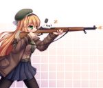  1girl belt beret black_legwear blonde_hair blue_skirt breasts commentary_request en_bloc_clip eyebrows_visible_through_hair firing girls_frontline green_eyes green_jacket gun hair_ribbon hairband hat holding holding_gun holding_weapon jacket long_hair m1_garand m1_garand_(girls_frontline) necktie pantyhose pleated_skirt pouch ribbon rifle shell_casing shokuane skirt solo sound_effects tan_shirt weapon 