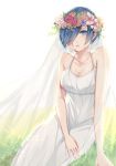  1girl aqua_eyes bangs bare_shoulders blue_hair breasts bridal_veil cleavage collarbone dress field flower g4265059 hair_flower hair_ornament hair_over_one_eye head_wreath highres kirishima_touka looking_at_viewer medium_breasts open_mouth parted_lips rose short_hair simple_background sitting solo tokyo_ghoul veil wedding_dress white_dress yokozuwari 