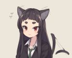  1girl :3 afterimage animal_ear_fluff animal_ears black_sweater blush brown_background brown_hair cat_ears cat_tail closed_mouth collarbone collared_shirt commentary ear_wiggle green_neckwear kuranami_shiki long_hair looking_at_viewer natsuki_teru original red_eyes shirt short_eyebrows simple_background solo sweater tail tail_raised tail_wagging thick_eyebrows upper_body very_long_hair white_shirt 