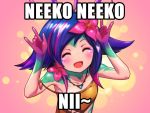  1girl \m/ ^_^ ^o^ bare_shoulders blue_hair blush bodypaint closed_eyes english flower hair_flower hair_ornament highres league_of_legends lizard_tail love_live! love_live!_school_idol_project navel neeko_(league_of_legends) open_mouth phantom_ix_row pink_background pink_hair simple_background smile solo strap_slip tail text_focus 