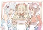  3girls :t animal_ears bangs black_hair blue_eyes blue_hair blunt_bangs blush bow bowtie brown_eyes cat_ears commentary copyright_request finger_to_mouth fox_ears fox_mask gloves green_eyes green_hair holding isshiki_(ffmania7) japanese_clothes long_hair mask mask_on_head multiple_girls paw_gloves paws pot short_hair signature sketch smile symbol_commentary twintails two_side_up wavy_mouth 