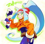  !! 1girl 2017 ashe_(rockman) belt blue_hair dated gloves green_eyes grin hair_between_eyes hand_on_hip high_ponytail kon_(kin219) livemetal long_hair long_sleeves looking_at_viewer looking_back model_a one_eye_closed ponytail rockman rockman_zx rockman_zx_advent simple_background smile solo teeth very_long_hair 