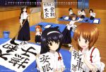  absurdres akiyama_yukari billboard black_hair brown_eyes brown_hair calendar_(medium) calligraphy calligraphy_brush eyebrows_visible_through_hair floor geta girls_und_panzer gotou_moyoko grey_eyes gymnasium hairband hakama hakama_skirt highres indoors ink isuzu_hana japanese_clothes kanji kneeling konparu_nozomi multiple_girls nishizumi_miho open_mouth orange_hair oversized_object paintbrush paper pointing reizei_mako sash sitting smile socks sono_midoriko standing surprised takebe_saori wariza wooden_floor 