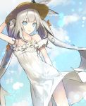  1girl arm_behind_back bangs blue_eyes blue_sky bow breasts cleavage clouds day dress dutch_angle eyebrows_visible_through_hair fate/grand_order fate_(series) floating_hair ginka_sima hand_on_headwear hat hat_bow lens_flare long_hair marie_antoinette_(fate/grand_order) marie_antoinette_(swimsuit_caster)_(fate) shiny shiny_hair silver_hair sky sleeveless sleeveless_dress small_breasts solo standing straw_hat striped striped_bow sun_hat sundress very_long_hair white_dress yellow_hat 