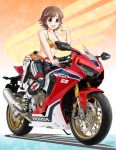  1girl absurdres bangs bare_shoulders biker_clothes bikesuit black_pants blush boots breasts brown_eyes brown_hair cleavage earrings flick_(sal23) gradient gradient_background ground_vehicle highres honda_mio idolmaster idolmaster_cinderella_girls jewelry looking_at_viewer medium_breasts motor_vehicle motorcycle open_bodysuit open_mouth orange_background orange_bikini_top pants pointing pointing_at_self short_hair smile solo 