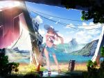  1girl alternate_costume bangs bare_arms bikini blue_bikini blue_nails blue_ribbon blue_sky blurry blurry_foreground blush bolt_action breasts brown_hair cleavage closed_eyes clouds commentary_request day depth_of_field eyebrows_visible_through_hair facing_viewer feathers flower full_body girls_frontline gun hair_between_eyes hair_ribbon hair_rings hat hat_flower hat_ribbon highleg highleg_bikini highres ihobus large_breasts lifebuoy long_hair m1903_springfield m1903_springfield_(girls_frontline) nail_polish navel o-ring object_namesake outdoors power_lines puddle reflection ribbon rifle ruins sandals sarong scenery see-through sidelocks skindentation sky smile solo stomach sun_hat sunlight swimsuit tying_hair water weapon white_hat wind 