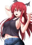  1girl arm_behind_head arm_up bangs bare_arms bare_shoulders black_tank_top blush breasts collarbone cowboy_shot demon_wings denim erect_nipples eyebrows_visible_through_hair hair_between_eyes hand_up head_wings highres koakuma long_hair looking_at_viewer medium_breasts midriff navel no_bra nori_tamago open_mouth pants pointy_ears red_eyes redhead sideboob simple_background smile solo stomach tank_top touhou very_long_hair white_background wings 